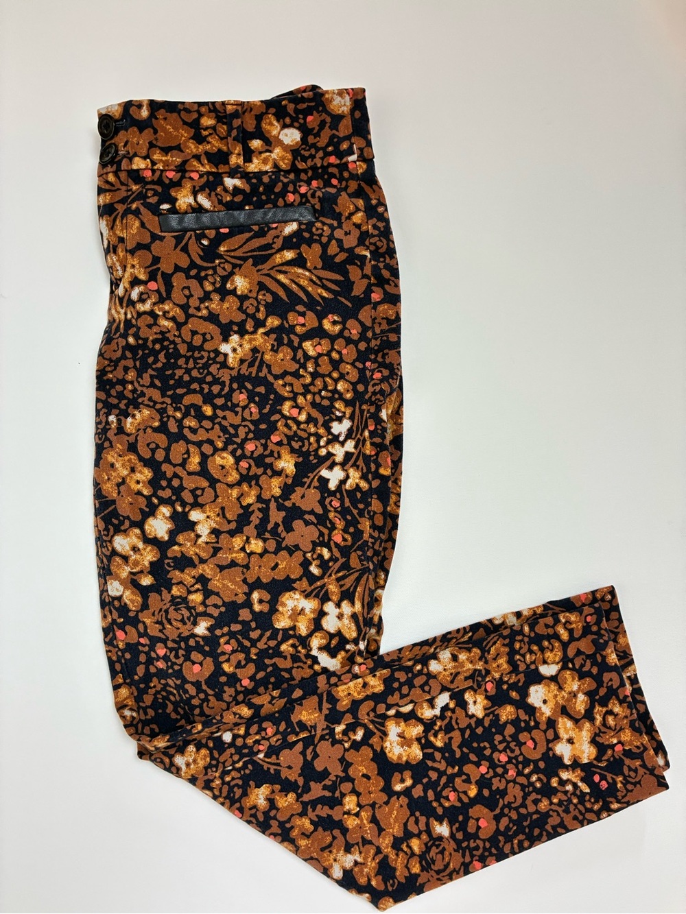 Anthropologie Mod Autumn Floral Print Slim Fit w/ faux leather trimmed pockets